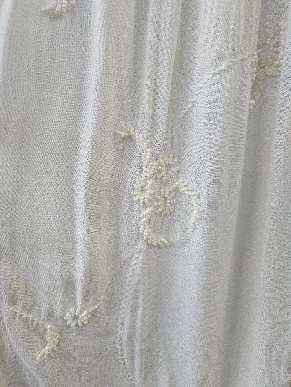 White Boho Tie-Strap Smocked Glass Beaded Dress Sz L